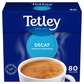 Tetley Decaf 80 Tea Bags (250g) comes in a box featuring a cup of delicious and refreshing decaffeinated black tea on the packaging.